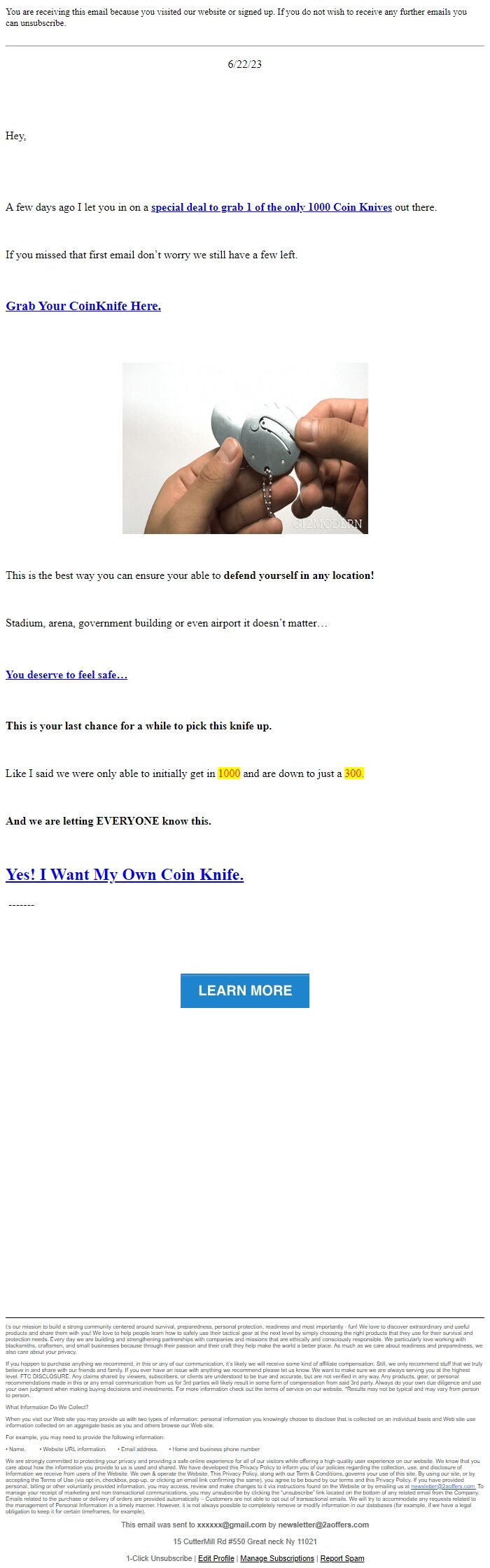 Screenshot of the email generated on import