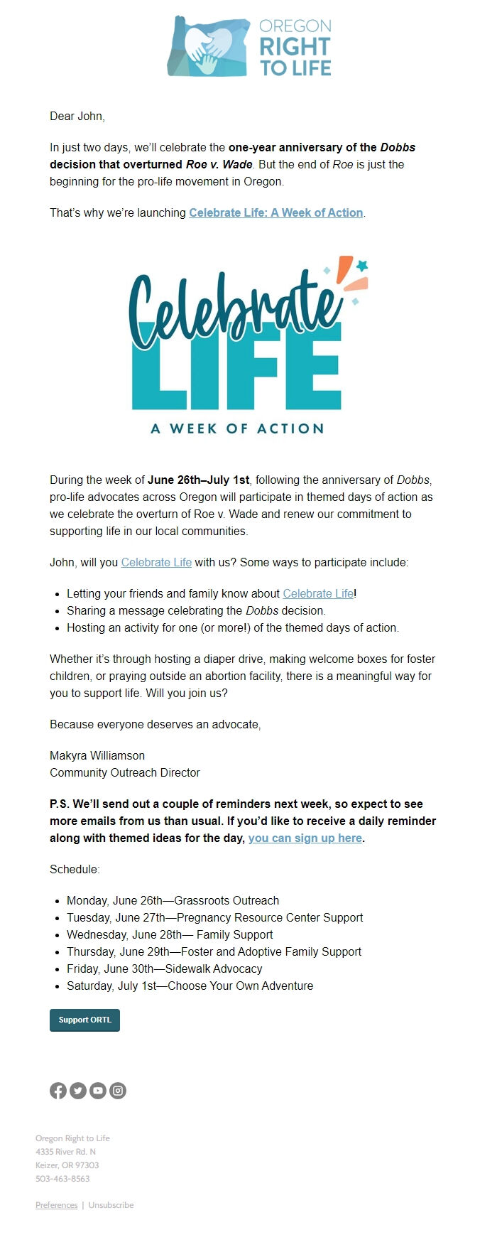 Screenshot of the email generated on import