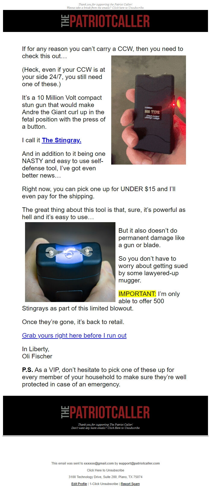 Screenshot of the email generated on import