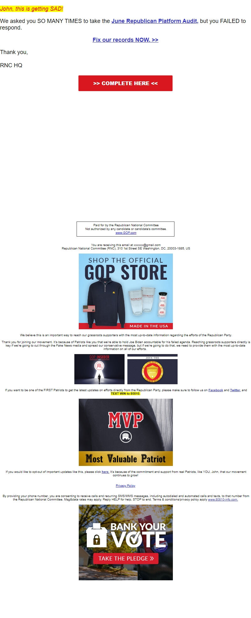 Screenshot of the email generated on import