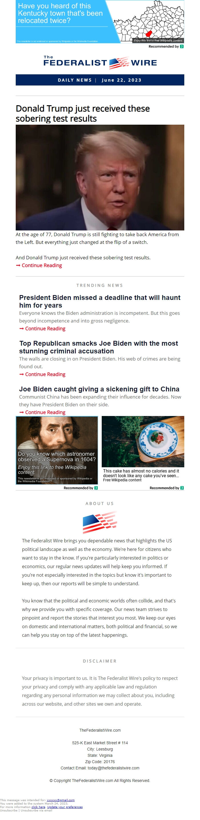 Screenshot of the email generated on import