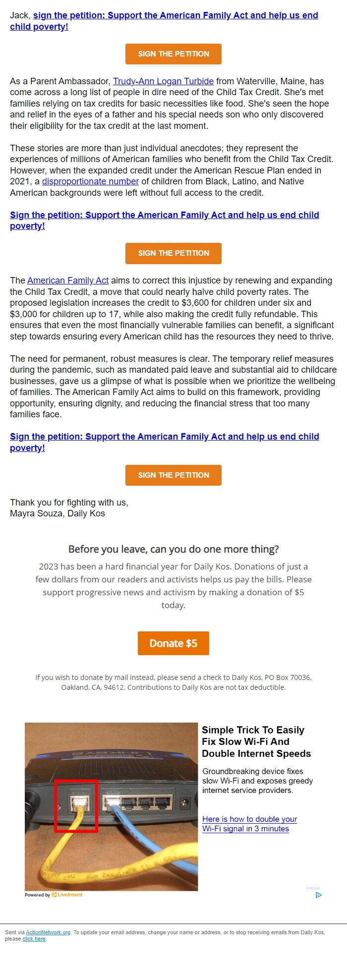 Screenshot of the email generated on import