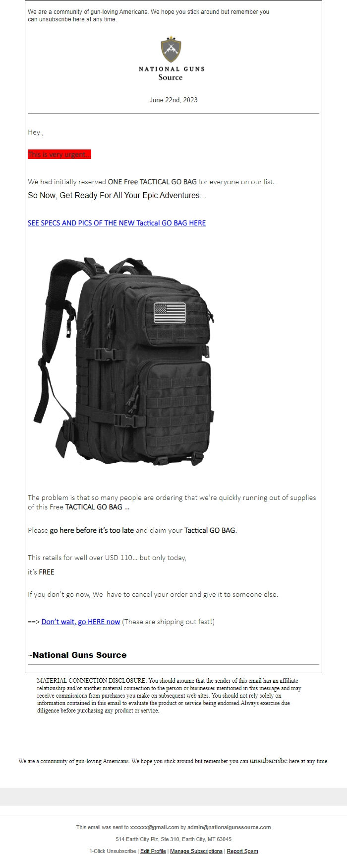Screenshot of the email generated on import