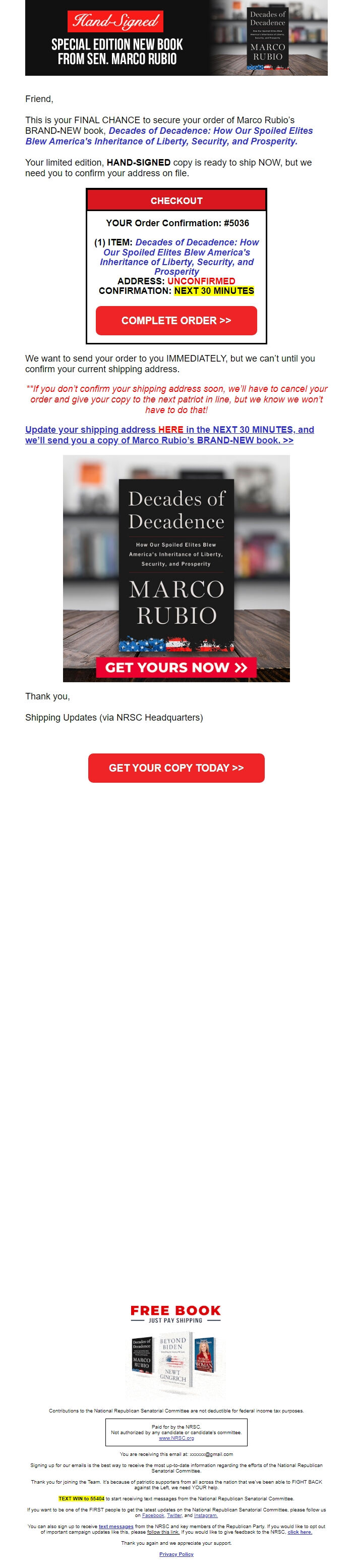 Screenshot of the email generated on import