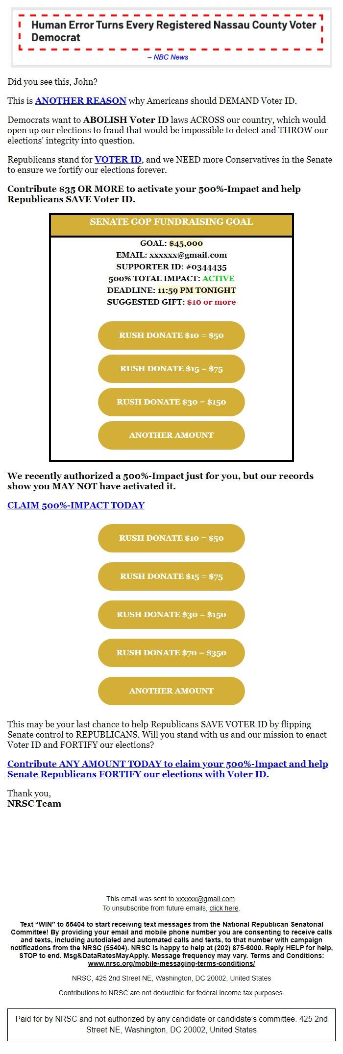 Screenshot of the email generated on import