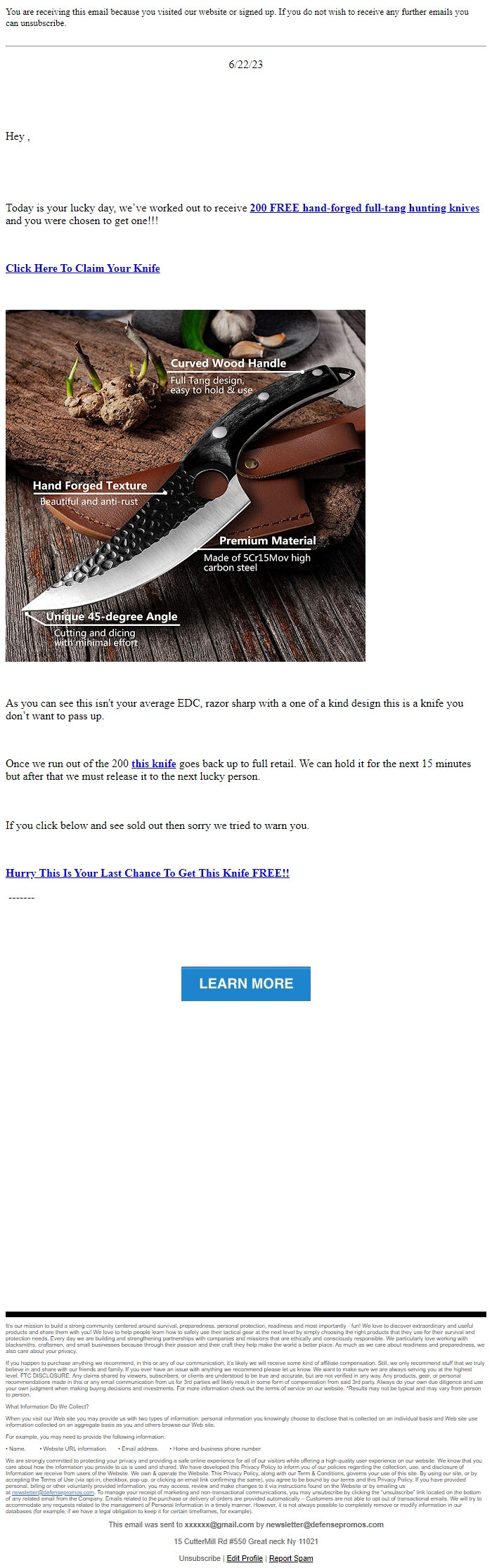 Screenshot of the email generated on import