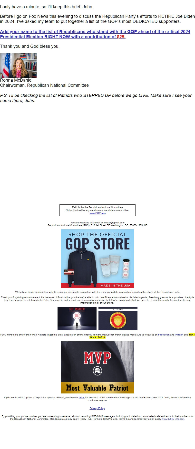 Screenshot of the email generated on import