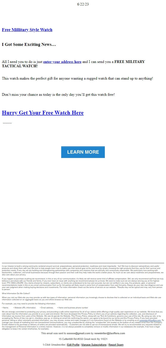 Screenshot of the email generated on import