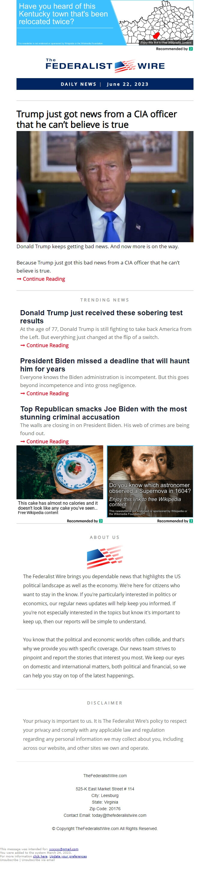 Screenshot of the email generated on import