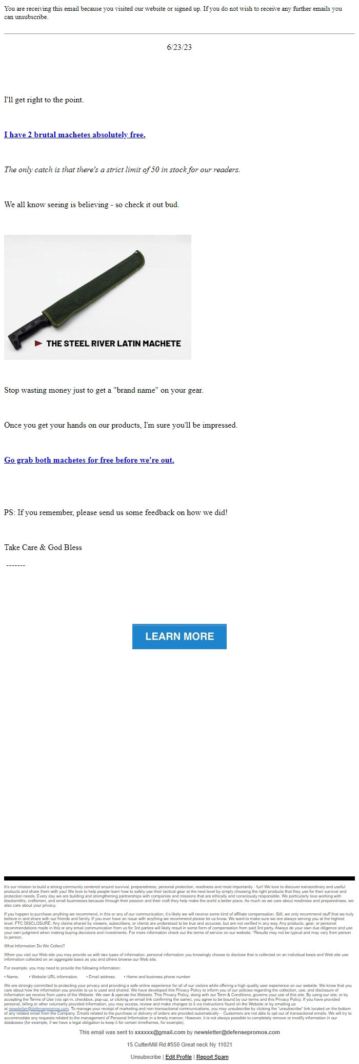 Screenshot of the email generated on import