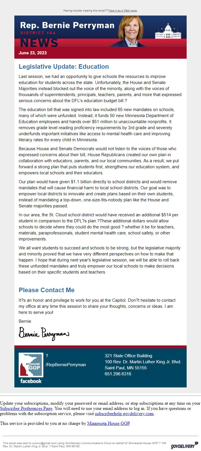 Screenshot of the email generated on import
