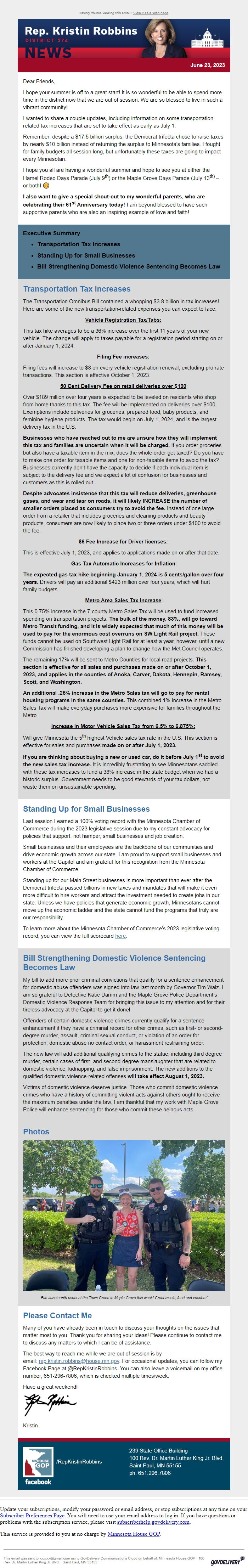 Screenshot of the email generated on import