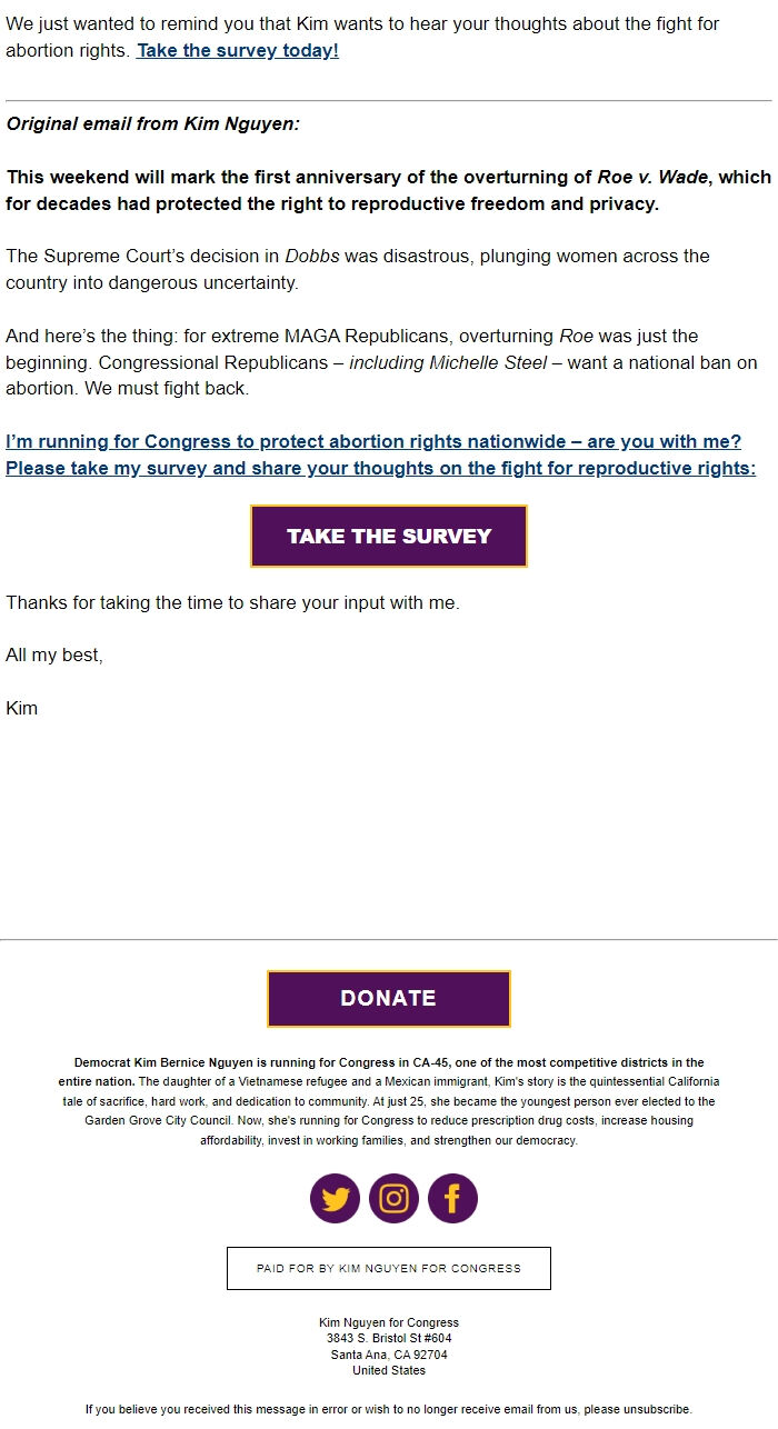 Screenshot of the email generated on import