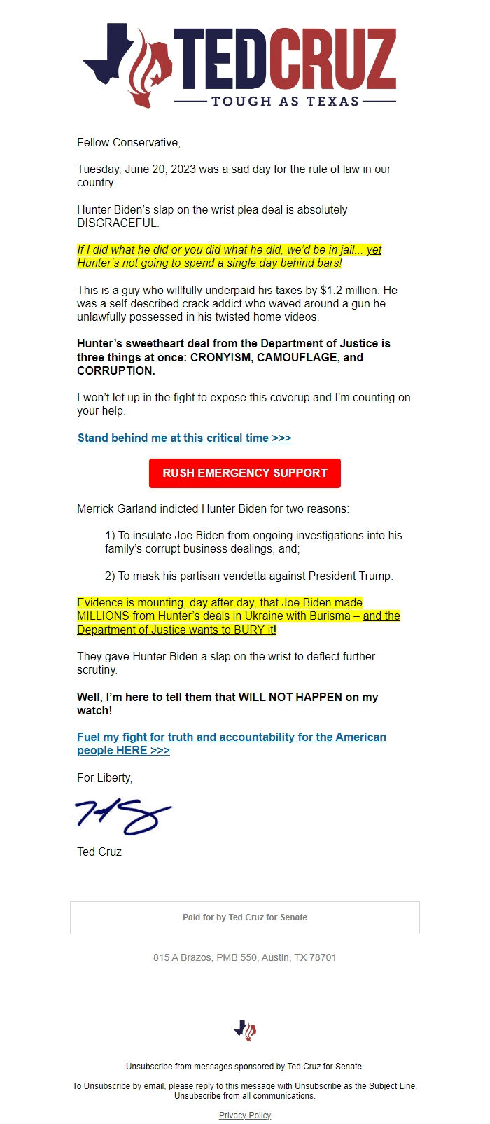 Screenshot of the email generated on import