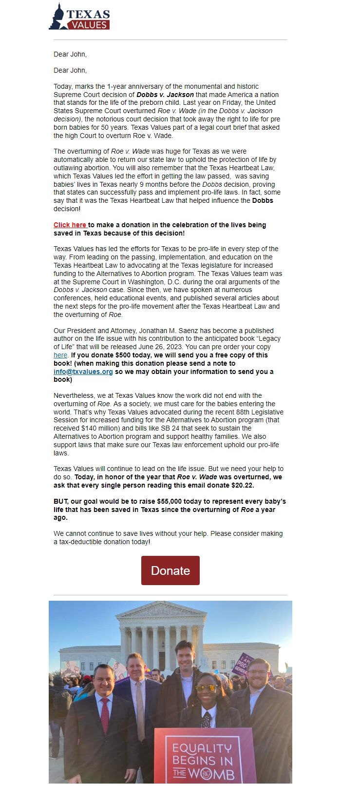 Screenshot of the email generated on import