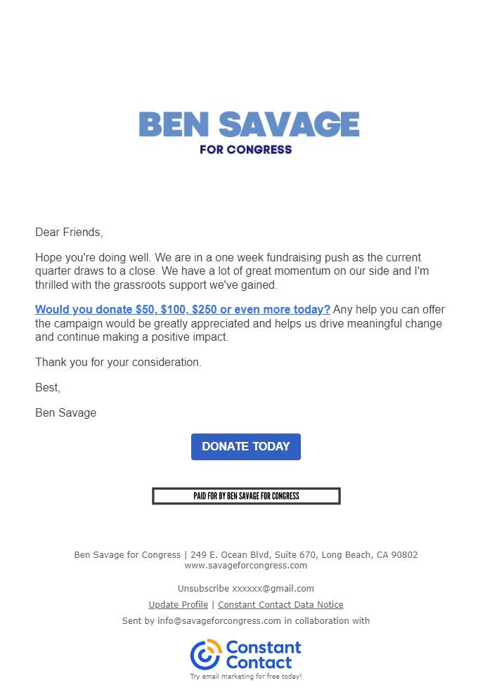 Screenshot of the email generated on import