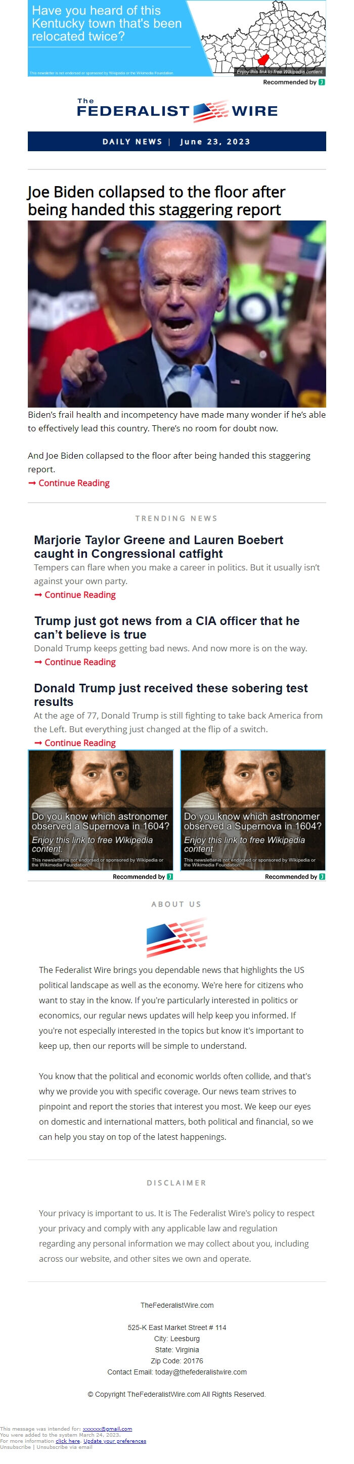 Screenshot of the email generated on import