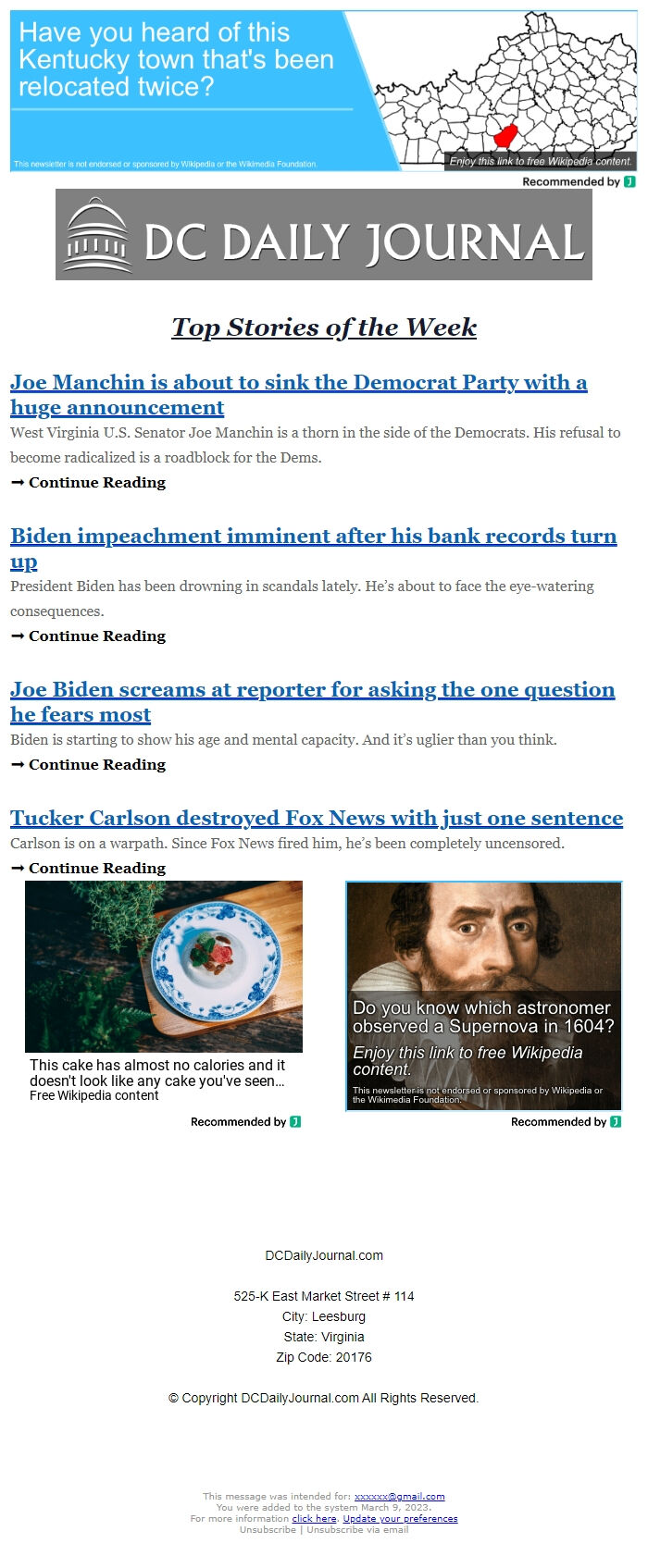 Screenshot of the email generated on import