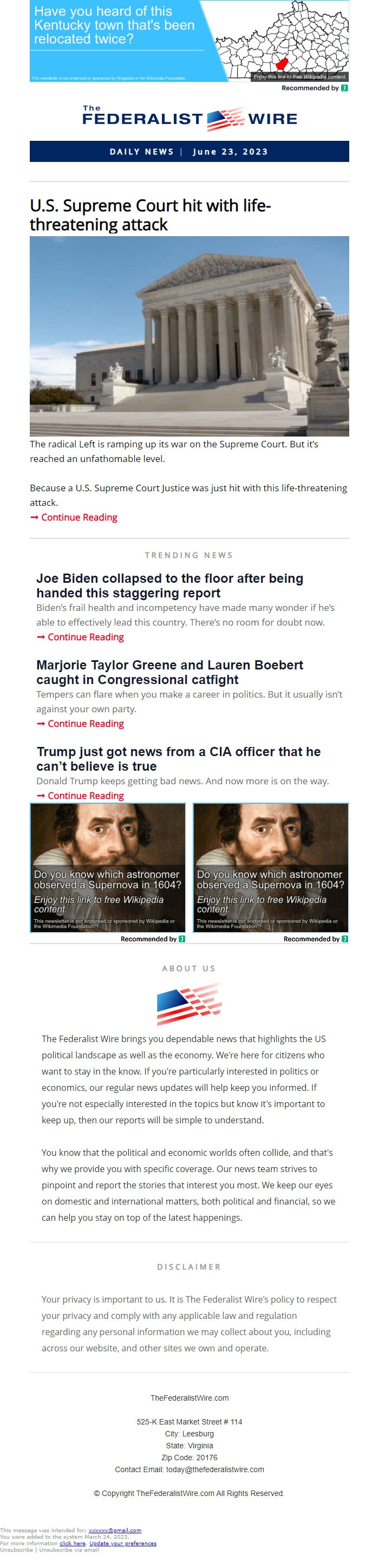 Screenshot of the email generated on import
