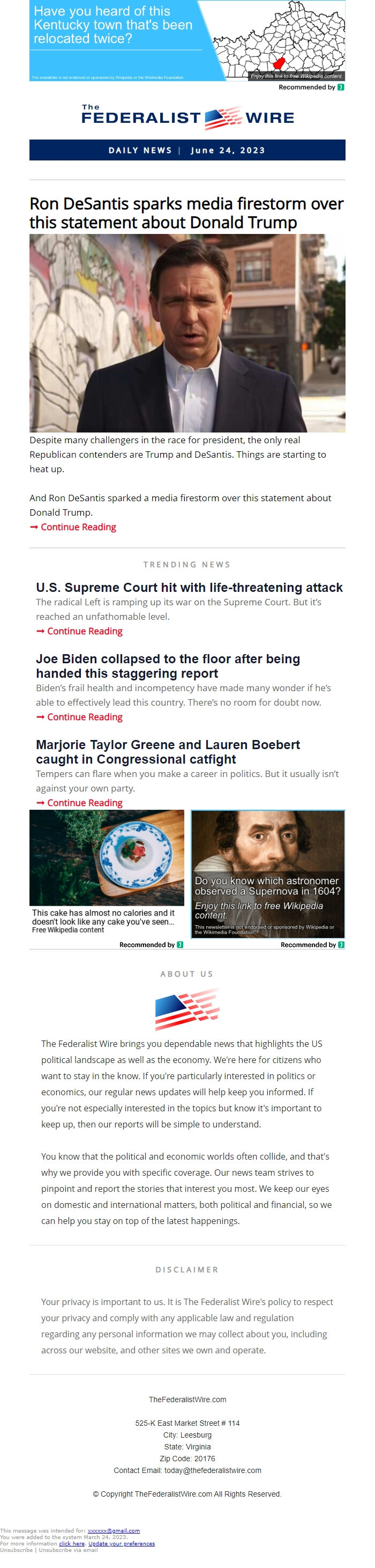 Screenshot of the email generated on import