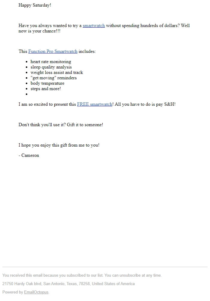 Screenshot of the email generated on import