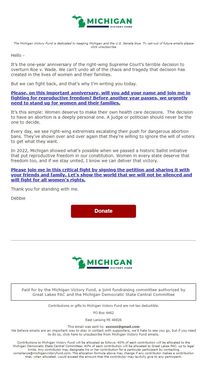 Screenshot of the email generated on import