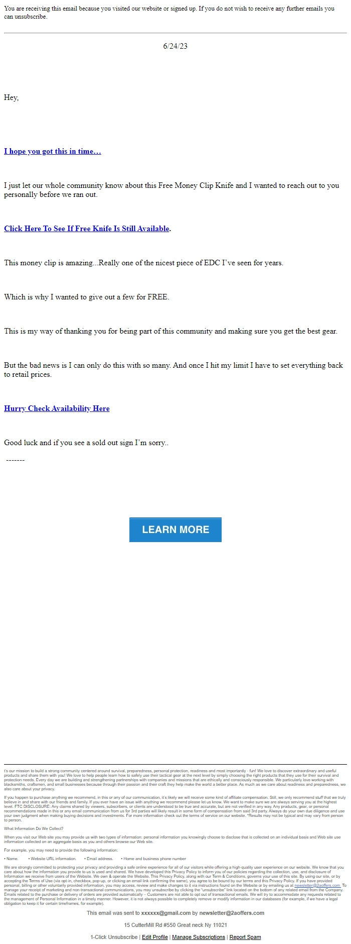 Screenshot of the email generated on import