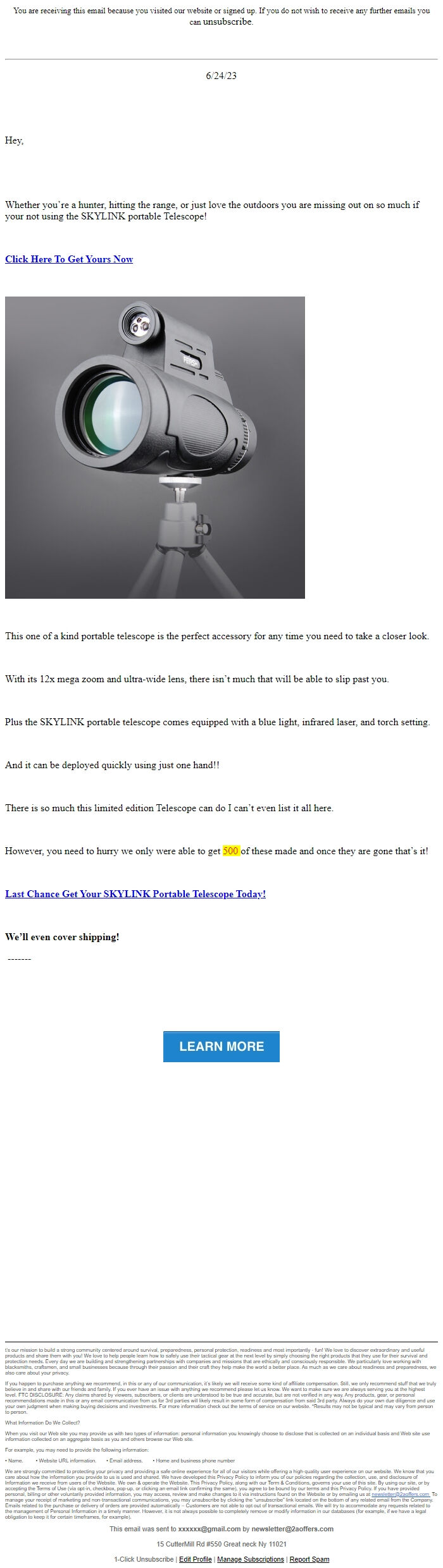 Screenshot of the email generated on import