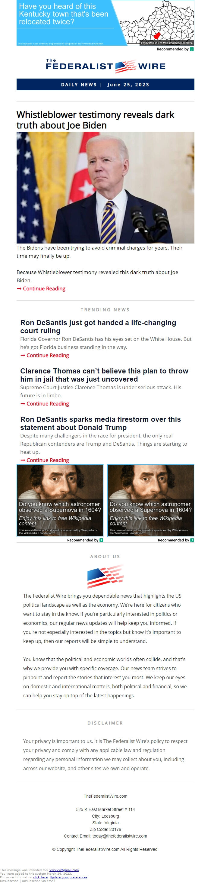 Screenshot of the email generated on import