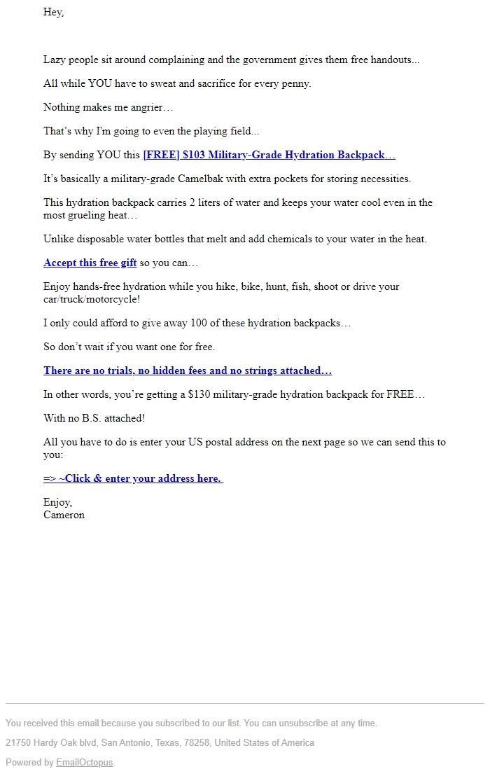 Screenshot of the email generated on import