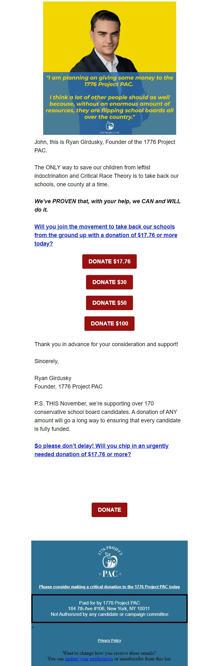 Screenshot of the email generated on import