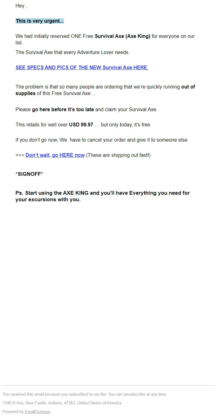 Screenshot of the email generated on import