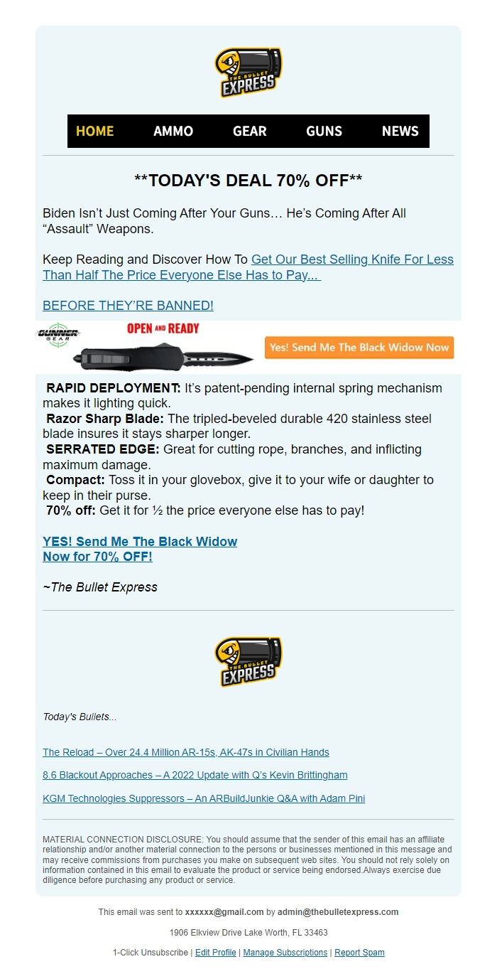 Screenshot of the email generated on import