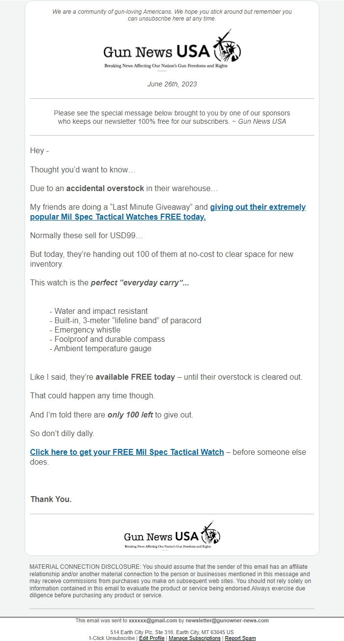 Screenshot of the email generated on import