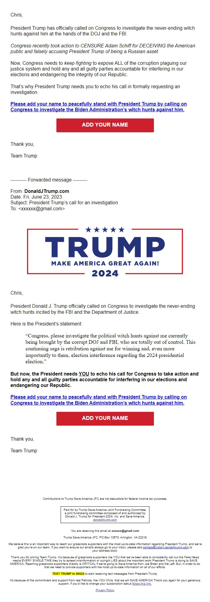 Screenshot of the email generated on import