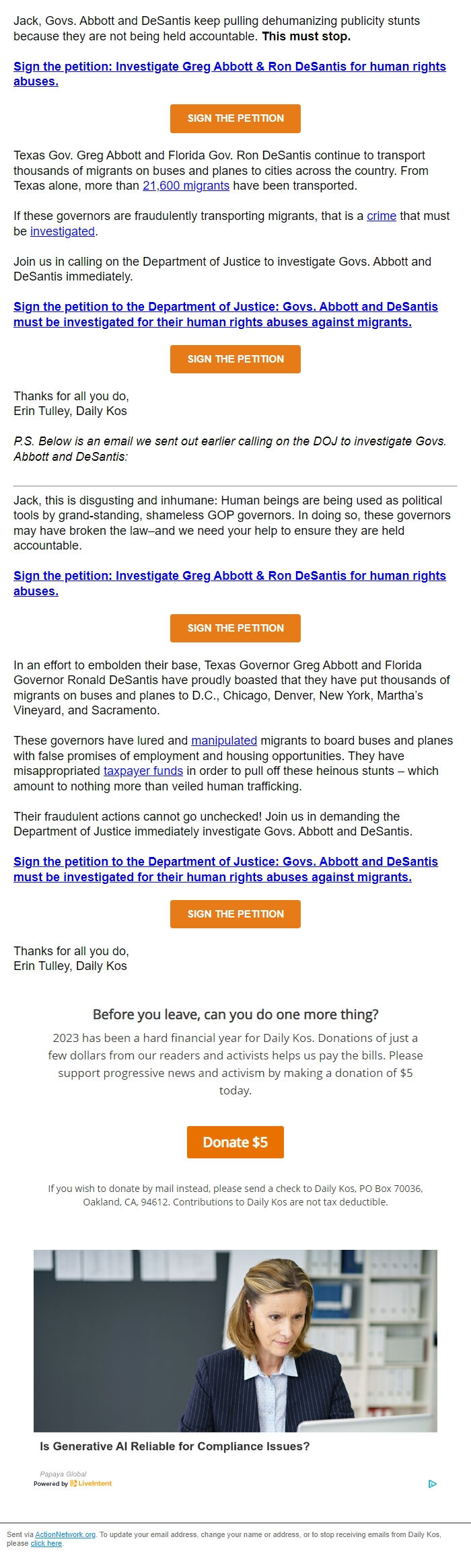 Screenshot of the email generated on import