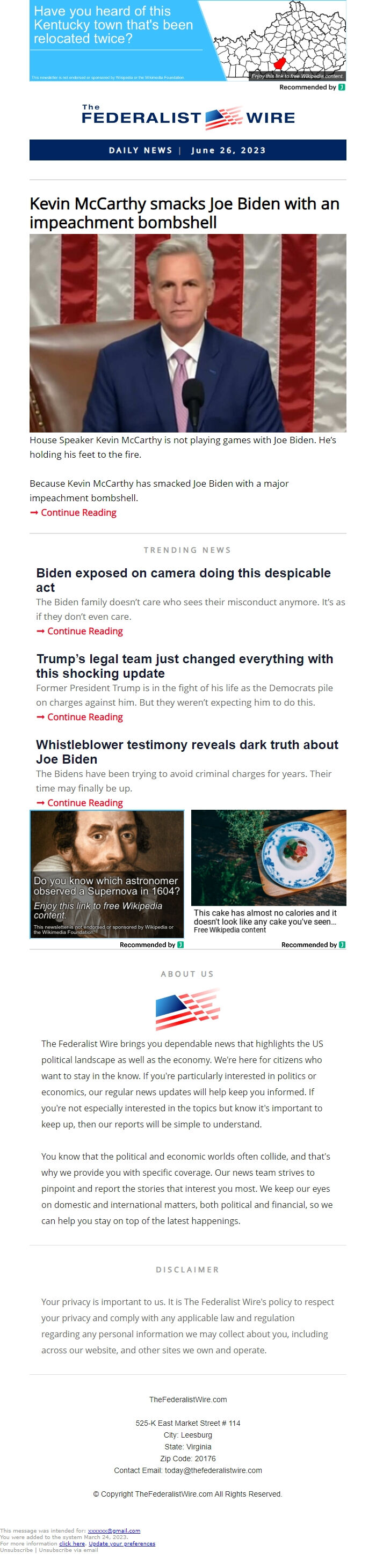 Screenshot of the email generated on import