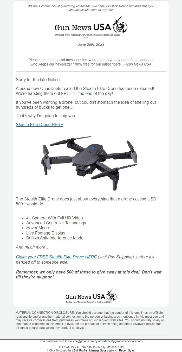 Screenshot of the email generated on import
