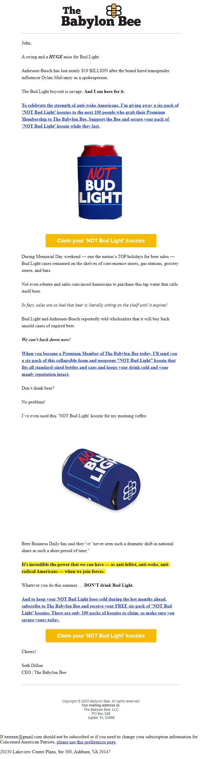 Screenshot of the email generated on import