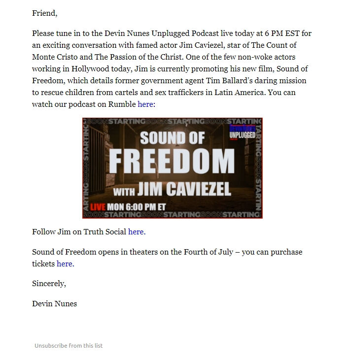 Screenshot of the email generated on import