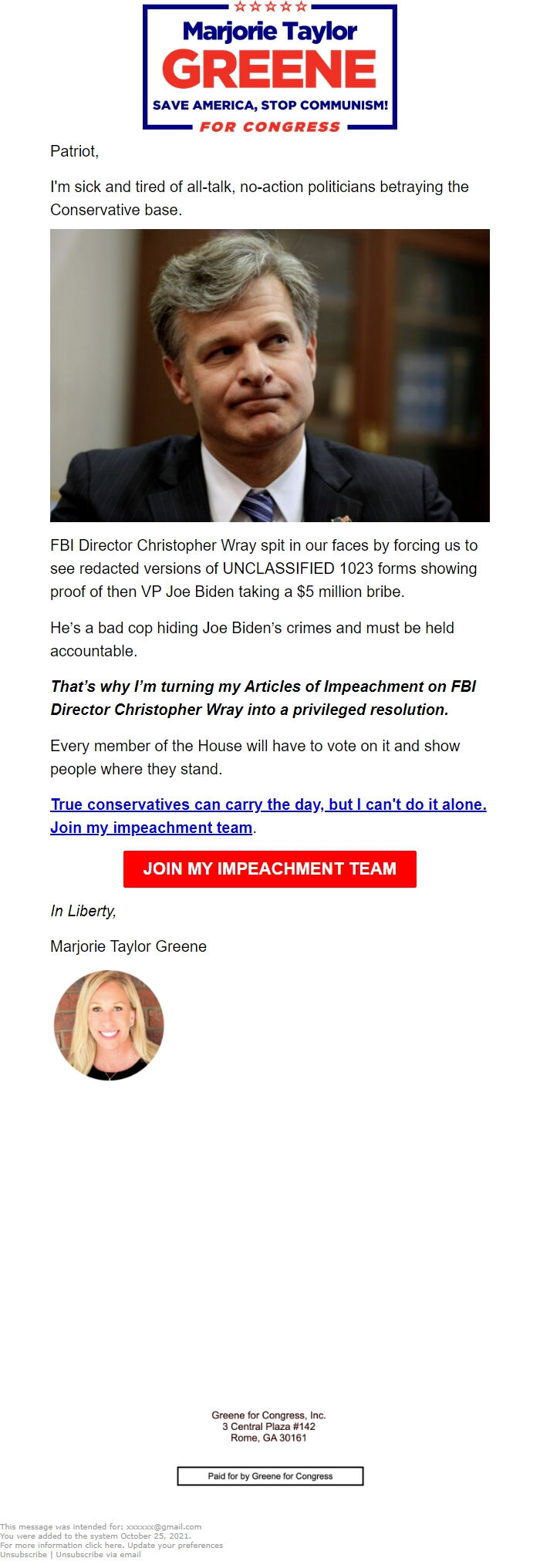 Screenshot of the email generated on import