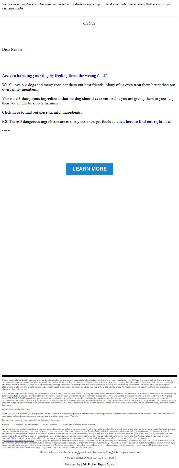 Screenshot of the email generated on import