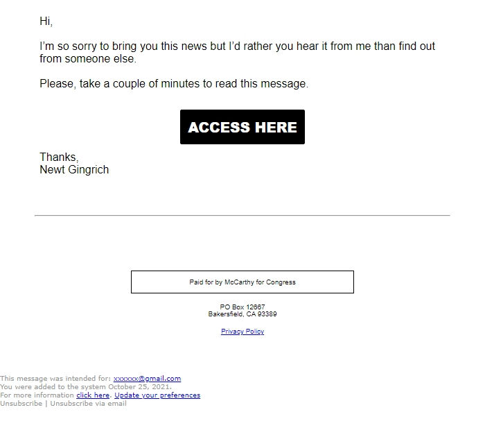Screenshot of the email generated on import