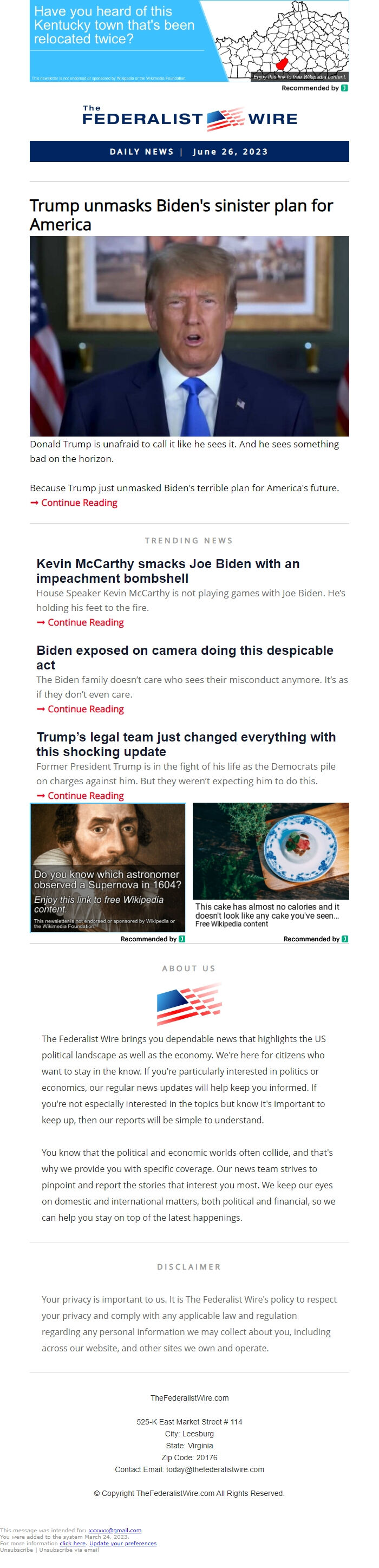 Screenshot of the email generated on import