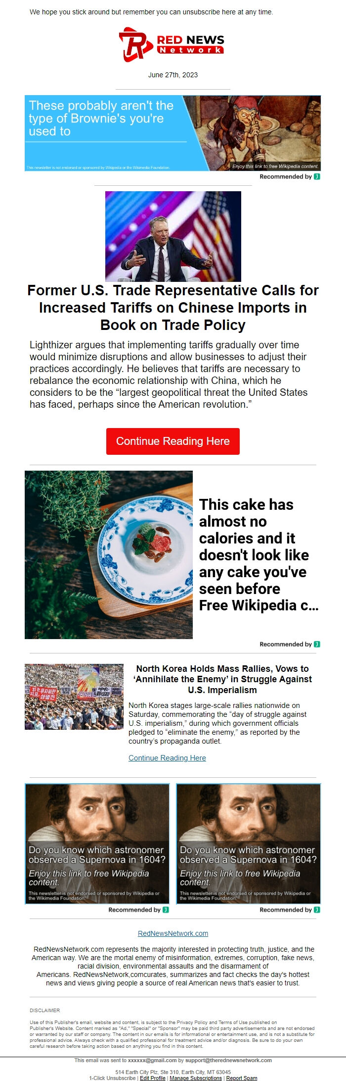 Screenshot of the email generated on import