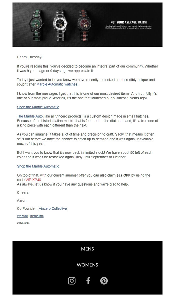 Screenshot of the email generated on import