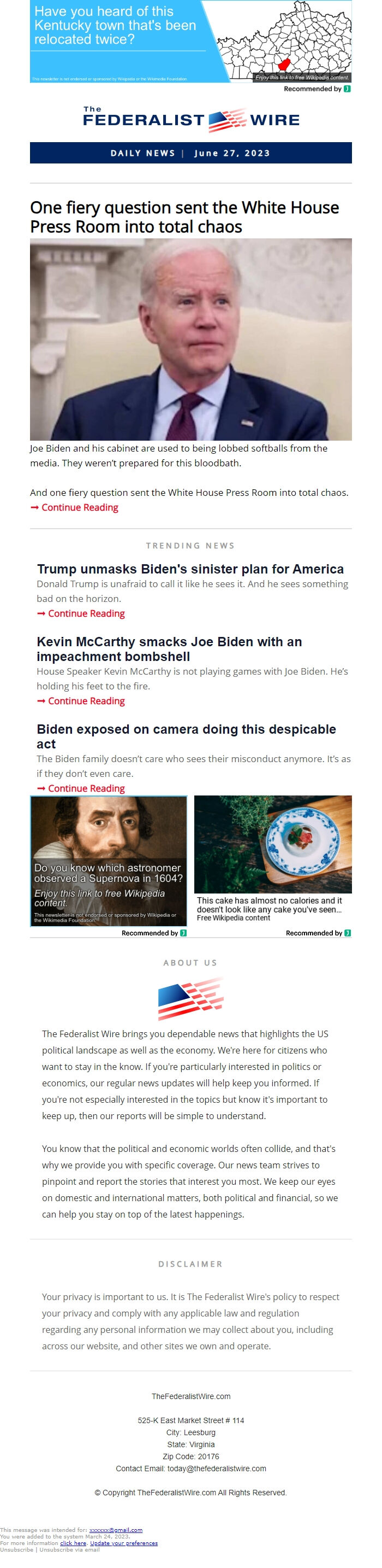 Screenshot of the email generated on import
