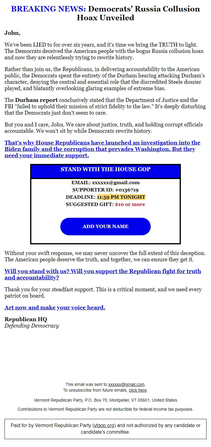 Screenshot of the email generated on import