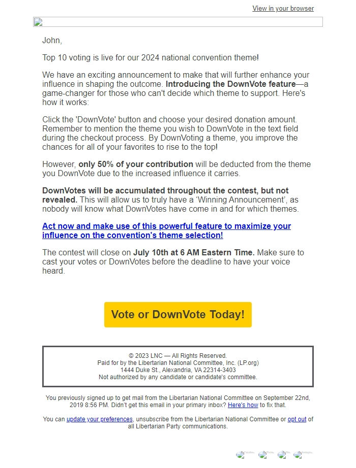 Screenshot of the email generated on import