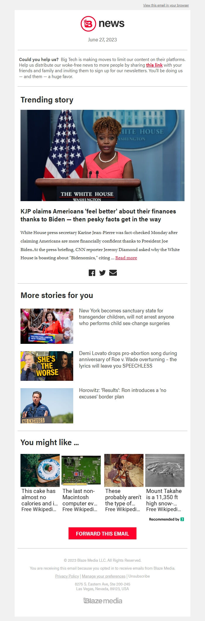 Screenshot of the email generated on import